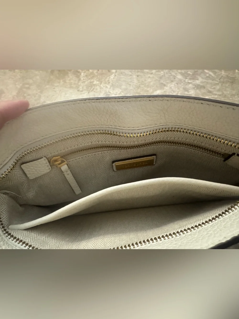 Tory Burch Pebbled Leather Clutch in Cream/White with Gold Logo